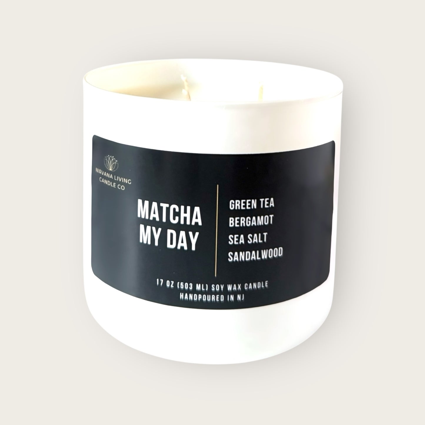 Hand-poured 3 wick soy candle with a matcha scent in a white jar